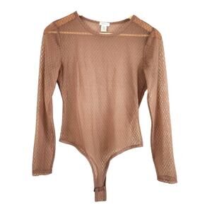 Sheer Tan Textured Mesh Bodysuit MED Longsleeve Thong Grunge Fairy Earthy Nude